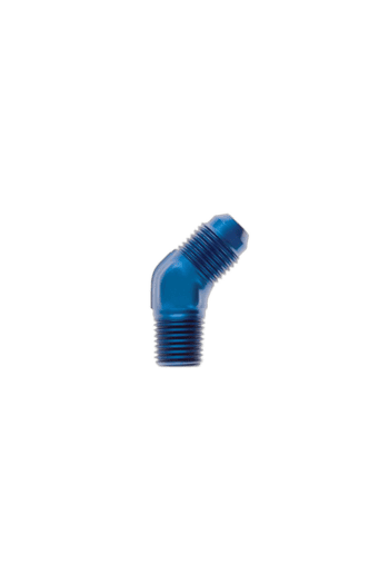 Blue 45-degree JIC adapter fitting for high-performance racing applications from Grand Prix Racewear.