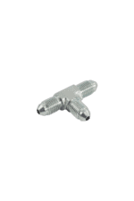 Close-up of a silver T-shaped racing car part, likely a connector or valve, used in motorsport engineering.