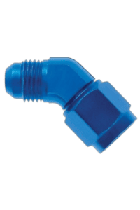 Blue 90-degree hydraulic hose fitting for race car applications, made of durable metal with a polished finish.
