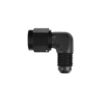 Grand Prix Racewear 90° EQ FEM-MALE adaptor for racing applications, black plastic and metal construction.
