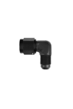 Grand Prix Racewear 90° EQ FEM-MALE adaptor for racing applications, black plastic and metal construction.