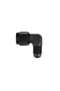 Grand Prix Racewear 90° EQ FEM-MALE adaptor for racing applications, black plastic and metal construction.