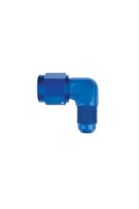 Blue plastic 90-degree elbow pipe fitting for racing car fuel systems, durable and corrosion-resistant.