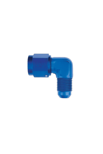 Blue plastic 90-degree elbow pipe fitting for racing car fuel systems, durable and corrosion-resistant.