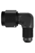 Black rubber elbow connector for racing car fuel or oil systems, with threaded ends for secure attachment.
