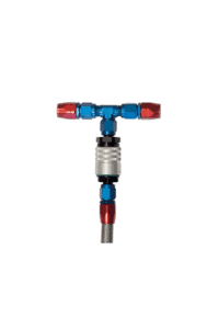 Grand Prix Racewear fuel sampling kit with blue and red fittings for motorsport fuel analysis.