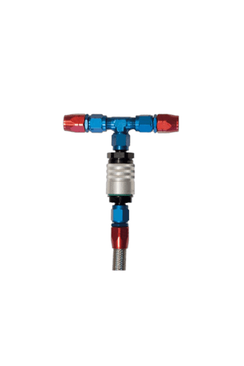 Grand Prix Racewear fuel sampling kit with blue and red fittings for motorsport fuel analysis.