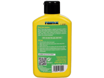 Yellow Rain-X plastic water repellent bottle with green label, used for car windshields and windows.