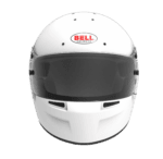 White Bell racing helmet with dark visor, designed for motorsport safety and performance.