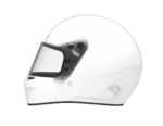 White Grand Prix racing helmet with black visor and ventilation details, designed for motorsport safety and performance.