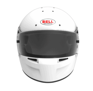 White Bell racing helmet with dark visor, designed for motorsport safety and performance.