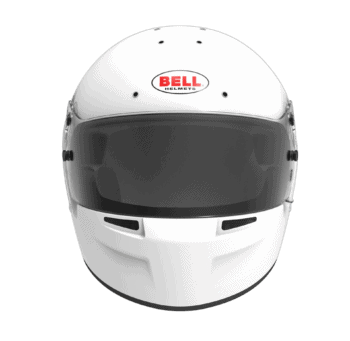 White Bell racing helmet with dark visor, designed for motorsport safety and performance.