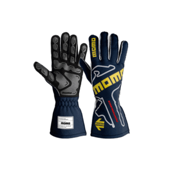 Momo racing gloves designed for motorsport, featuring black, blue, and yellow colours with protective padding and grip enhancements.