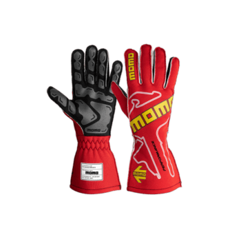 Red and black Momo racing gloves designed for motorsport safety and performance, featuring durable materials and ergonomic fit.