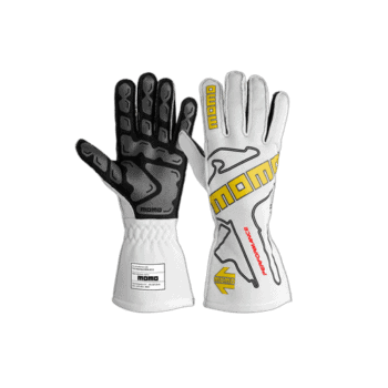 Momo Grand Prix racing gloves in black, white, and yellow with protective features for motorsport drivers.