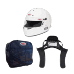 Bell racing helmet with HANS device and racing bag, essential safety gear for motorsport drivers.