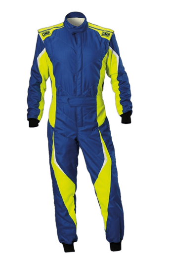 Grand Prix Racewear racing suit in blue and yellow with OMP branding, designed for motorsport safety and performance.