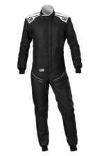 Grand Prix Racewear racing suit in black with white accents, designed for motorsport safety and performance.
