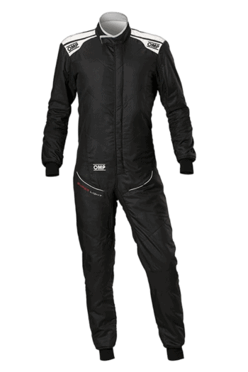 Grand Prix Racewear racing suit in black with white accents, designed for motorsport safety and performance.