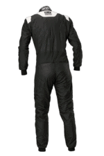Black Grand Prix racing suit with white accents, designed for motorsport safety and performance, featuring OMP branding on the back.