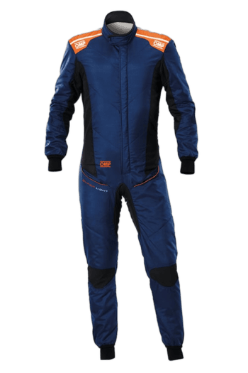 Grand Prix Racewear racing suit in blue with orange and black accents, designed for motorsport safety and performance.