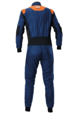 Blue Grand Prix Racewear racing suit with orange and black accents, designed for motorsport safety and performance.