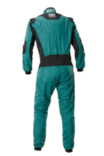 Grand Prix Racewear racing suit in teal and black, designed for motorsport safety and performance, featuring OMP branding and durable materials.