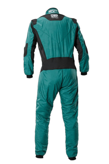 Grand Prix Racewear racing suit in teal and black, designed for motorsport safety and performance, featuring OMP branding and durable materials.