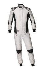 Grand Prix Racewear racing suit in white with black accents, designed for motorsport safety and performance.