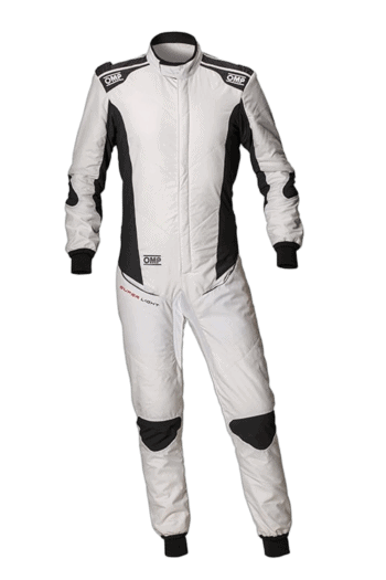 Grand Prix Racewear racing suit in white with black accents, designed for motorsport safety and performance.