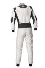 Grand Prix Racewear racing suit in white and black, designed for motorsport drivers, featuring high-quality materials and safety features.