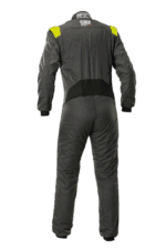 Grand Prix Racewear racing suit in black with yellow accents, designed for motorsport safety and performance.