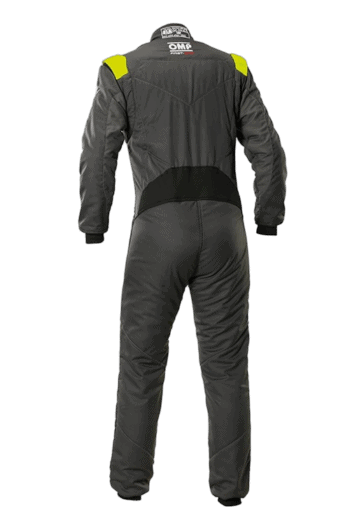 Grand Prix Racewear racing suit in black with yellow accents, designed for motorsport safety and performance.