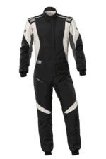 Grand Prix Racewear racing suit in black and white, designed for motorsport safety and performance.