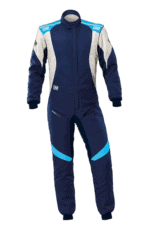 Grand Prix Racewear racing suit in blue and white with sponsor logos, designed for motorsport safety and performance.