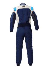 Grand Prix Racewear racing suit in blue and white with OMP branding, designed for motorsport safety and performance.