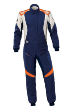 Grand Prix Racewear racing suit in blue, white, and orange with protective padding, designed for motorsport drivers.
