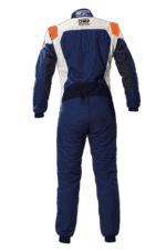 Grand Prix Racewear racing suit in blue, white, and orange with OMP branding, designed for motorsport safety and performance.
