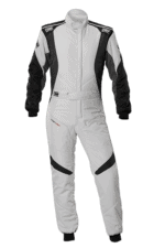 Grand Prix Racewear racing suit in white and black with OMP branding, designed for motorsport safety and performance.