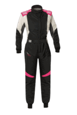 Grand Prix Racewear racing suit in black with pink and white accents, designed for motorsport safety and performance.