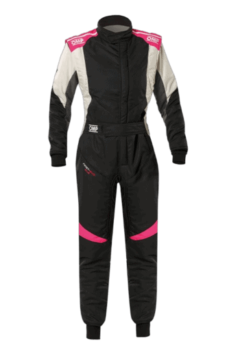 Grand Prix Racewear racing suit in black with pink and white accents, designed for motorsport safety and performance.