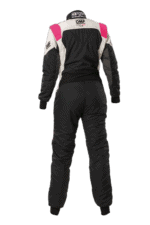 Grand Prix Racewear racing suit in black with pink and white accents, designed for motorsport enthusiasts and professional drivers.