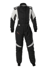 Grand Prix Racewear racing suit in black and white with OMP branding, designed for motorsport safety and performance.