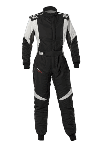 Grand Prix Racewear racing suit in black and white with OMP branding, designed for motorsport safety and performance.