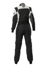 Grand Prix Racewear racing suit in black and white with OMP branding, designed for motorsport safety and performance.