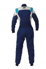 Grand Prix Racewear racing suit in blue and white with OMP branding, designed for motorsport safety and performance.
