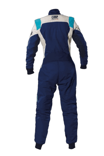 Grand Prix Racewear racing suit in blue and white with OMP branding, designed for motorsport safety and performance.