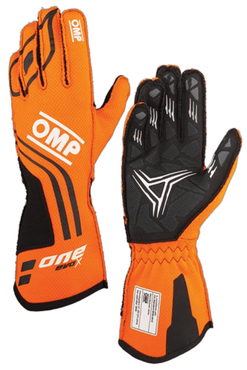 Orange and black OMP racing gloves designed for motorsport, featuring high grip and protection for professional racers.
