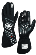 Black OMP racing gloves with white and grey accents, designed for motorsport safety and performance.
