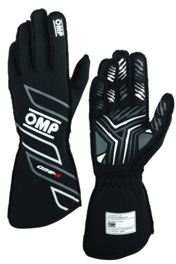 Black OMP racing gloves with white and grey accents, designed for motorsport safety and performance.